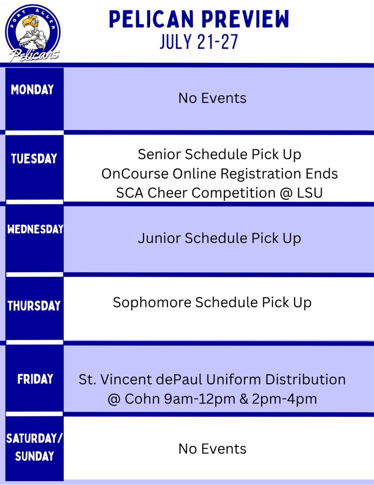 Stop by Tuesday-Thursday from 8:00-3:00 to pick up schedules. 

Go Pels💙