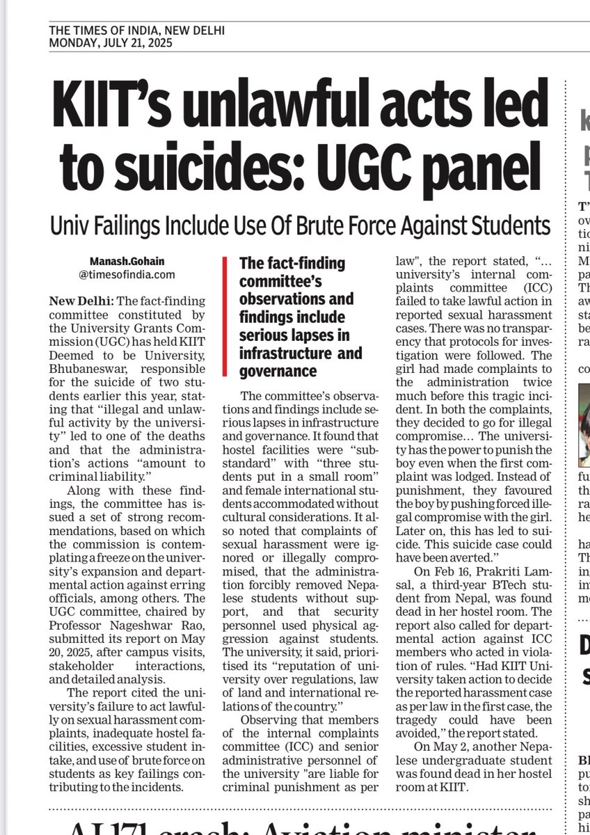 Manash Pratim Gohain (@manashtoi) on Twitter photo The UGC penal holds KIITās action responsible for the Feb 16 suicide of the Nepalese student & said that timely action could have averted it. It also made other strong observations on the functioning of the univ. <a href="/timesofindia/">The Times Of India</a> #exclusive . Read it onlineš
timesofindia.indiatimes.com/india/kiits-un⦠The UGC penal holds KIITās action responsible for the Feb 16 suicide of the Nepalese student & said that timely action could have averted it. It also made other strong observations on the functioning of the univ. <a href="/timesofindia/">The Times Of India</a> #exclusive . Read it onlineš
timesofindia.indiatimes.com/india/kiits-unā¦