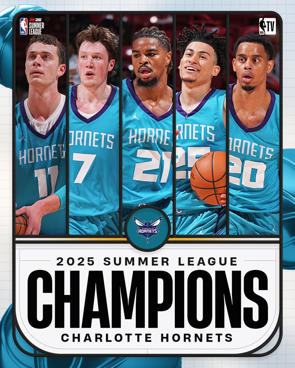 NBATV's tweet image. WINNERS OF THE SUMMER ☀️
The @hornets are 2025 #NBA2KSummerLeague Champions 🏆