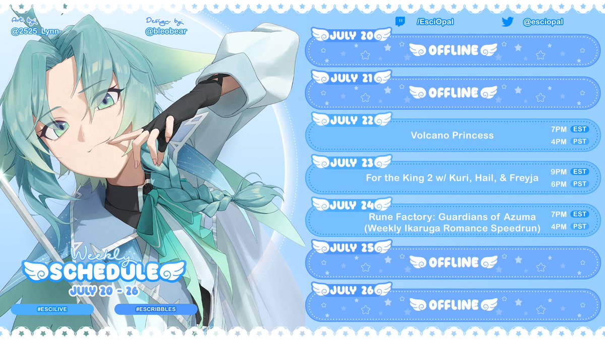Esci | エッシ- 🌠💎 VTuber! (@esciopal) on Twitter photo SCHEDULE FOR SUNDAY 20th - SATURDAY 26
We're getting back into Volcano Princess on Tuesday!
Playing For the King II w/ <a href="/ichinosekuri/">『Ichinose Kuri』🌸🌰</a> <a href="/hayhailene/">hailene 👁️🐈⬛ ENVtuber 🏚️ { PRISMARIA }</a> & <a href="/freyjarabbit/">Freyja Rabbit 🐰🌸【Prismaria】@DONOTHON</a> on Wednesday!
On Thursday I'm starting a weekly which is a speedrun of Guardians of Azuma to have a kid w/ Ikaruga!
🤍 SCHEDULE FOR SUNDAY 20th - SATURDAY 26
We're getting back into Volcano Princess on Tuesday!
Playing For the King II w/ <a href="/ichinosekuri/">『Ichinose Kuri』🌸🌰</a> <a href="/hayhailene/">hailene 👁️🐈⬛ ENVtuber 🏚️ { PRISMARIA }</a> & <a href="/freyjarabbit/">Freyja Rabbit 🐰🌸【Prismaria】@DONOTHON</a> on Wednesday!
On Thursday I'm starting a weekly which is a speedrun of Guardians of Azuma to have a kid w/ Ikaruga!
🤍