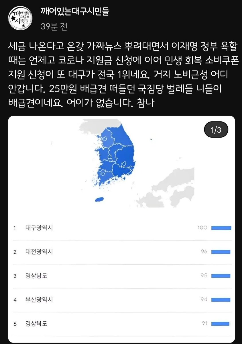 언젠간 대구도 깨어나기를...🙏
소비쿠폰 잘 쓰세요.💸