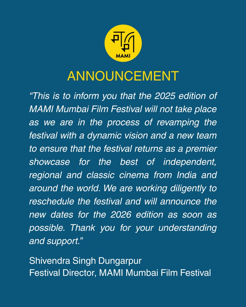 MumbaiFilmFest's tweet image. The Festival Director of MAMI Mumbai Film Festival, Shivendra Singh Dungarpur, makes an important announcement:
#MAMI #MumbaiFilmFestival