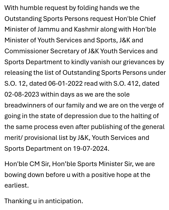 Hon'ble CM <a href="/OmarAbdullah/">Omar Abdullah</a>,Hon'ble Minister YSS <a href="/satishsharmajnk/">Satish Sharma</a> &amp; Respected Commissioner/Secretary YSS Department @MudgalYasha Kindly release the selection list of Outstanding Sports Persons under S.O.12 &amp; S.O.412 within days. Thanking u in anticipation.<a href="/OmarAbdullah/">Omar Abdullah</a>