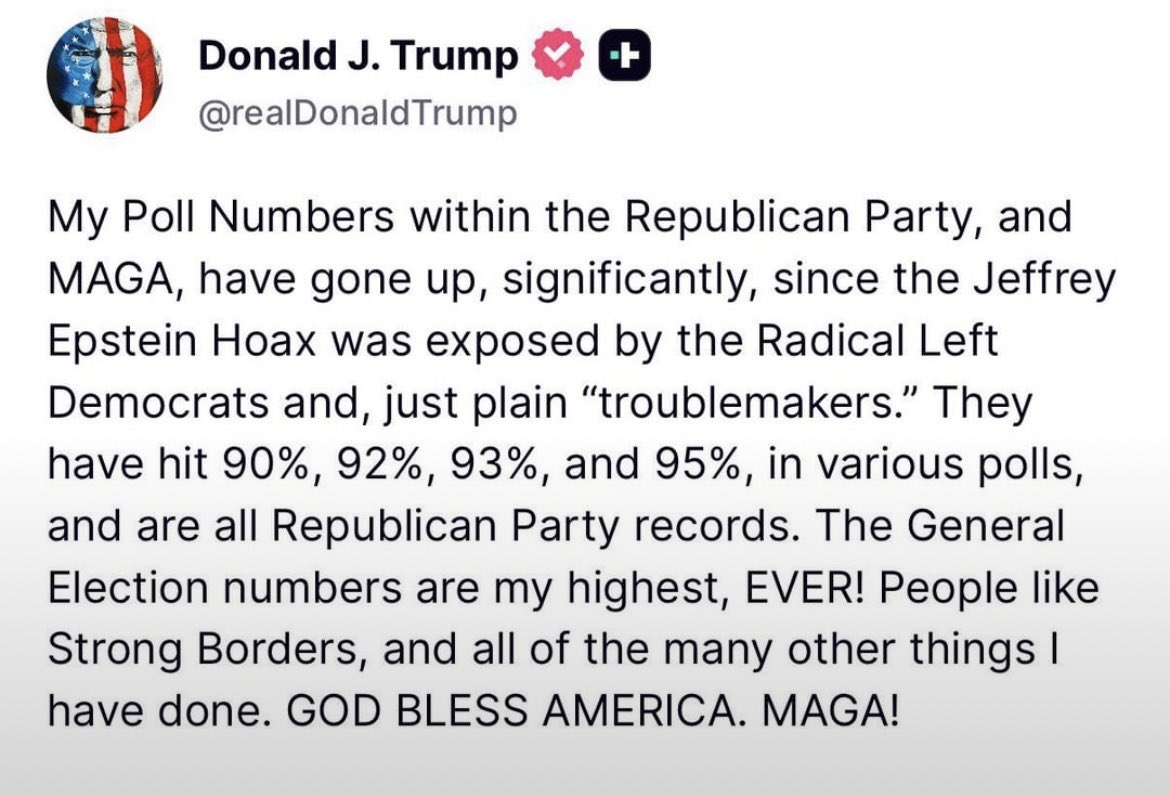 rshereme's tweet image. How can you be so detached from reality?
Trump: “My Poll Numbers … have hit 90%, 92%, 93%, and 95%, in various polls, and are all Republican Party records.”
Reality: most polls have Trump’s approval rating around 40% and disapproval close to 60%.