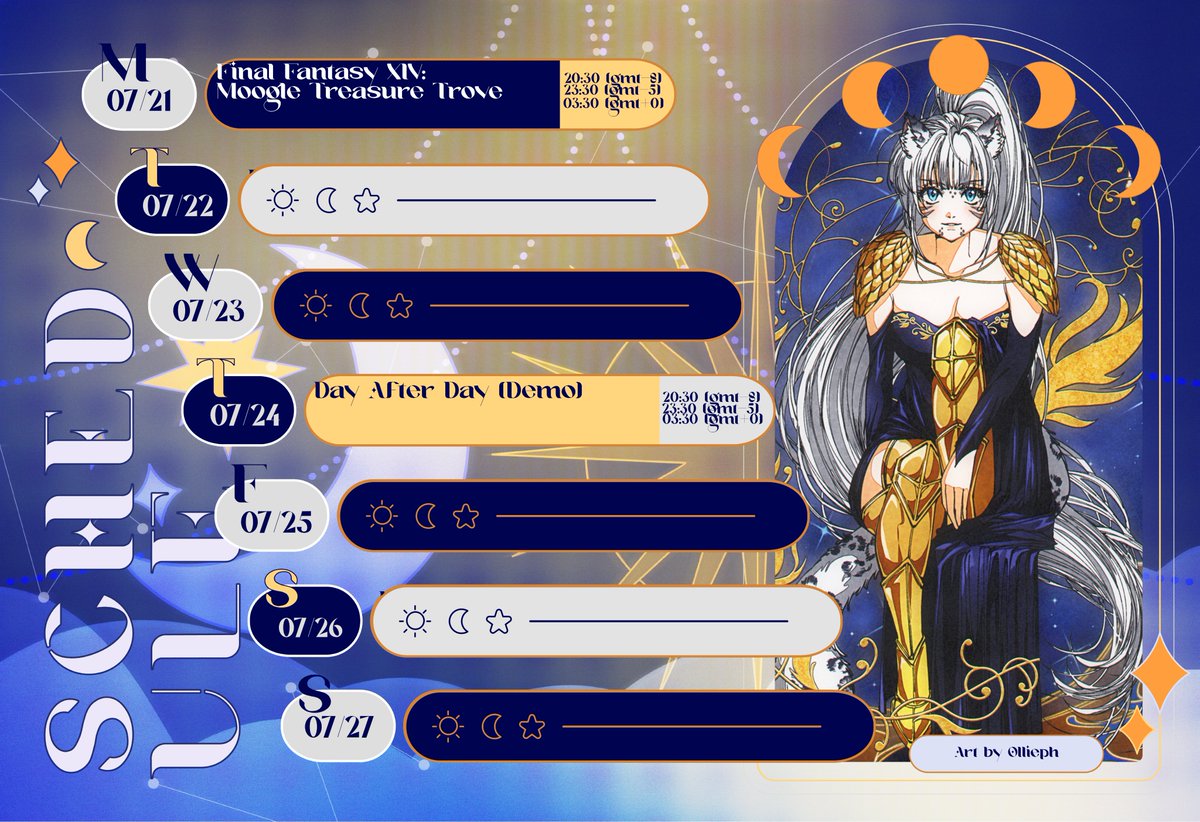 ✨Schedule 07/21-07/27✨

Twitch:  twitch.tv/reizna
YT  youtube.com/c/Reizna
Artist: x.com/Ollieph_Ph

On Monday, we're back with FFXIV and Moogle Treasure Trove.

On Thursday, we're playing <a href="/hmoonpublishing/">HMoon Publishing ~Wishlist Day After Day on Steam</a>'s Day After Day demo!