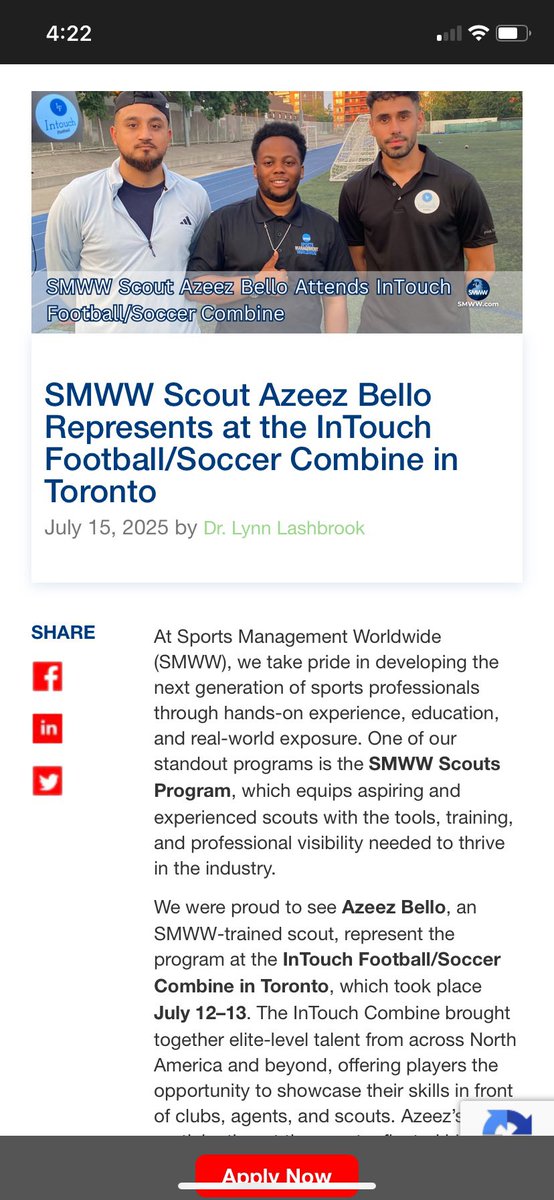 Azeez๐ (@azeezbello21) on Twitter photo Honored to be featured by <a href="/SMWW/">SMWW ๐</a> for representing at the InTouch Football Combine in Toronto.
Big shoutout to the organizers for trusting me with this opportunity.
๐Scouting the next wave.
Read more ๐ sportsmanagementworldwide.com/content/smww-sโฆ
#SMWW #Scouting #SoccerCombine #FootballScout Honored to be featured by <a href="/SMWW/">SMWW ๐</a> for representing at the InTouch Football Combine in Toronto.
Big shoutout to the organizers for trusting me with this opportunity.
๐Scouting the next wave.
Read more ๐ sportsmanagementworldwide.com/content/smww-sโฆ
#SMWW #Scouting #SoccerCombine #FootballScout
