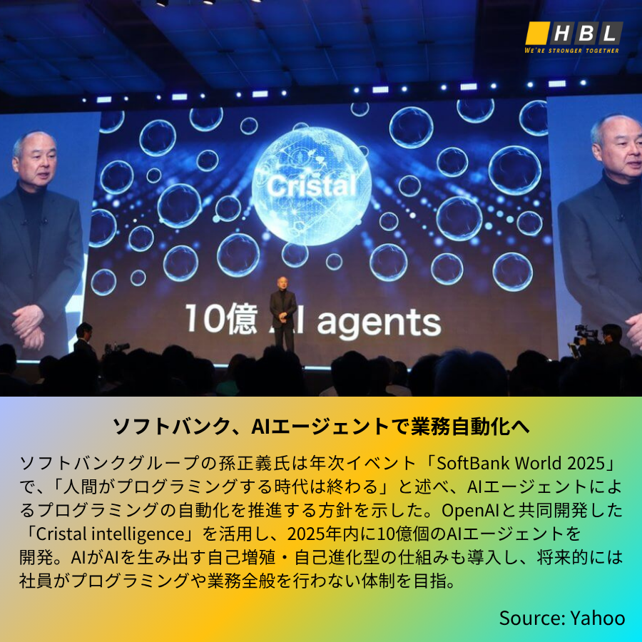hblab_jp's tweet photo. 【最新版】IT業界でのニュース ❗
❶ ソフトバンク、AIエージェントで業務自動化へ

❷ OpenAI、最新AIエージェント「ChatGPT Agent」を発表

❸ Google、AndroidとChromeOSの統合を計画

❹ xAI、Grok 4の不適切な応答に対応するアップデートを実施

#エイチビーラボ #Softbank #ChatGPTAgent #Grok4 https://t.co/Yn0BmHHYdN
