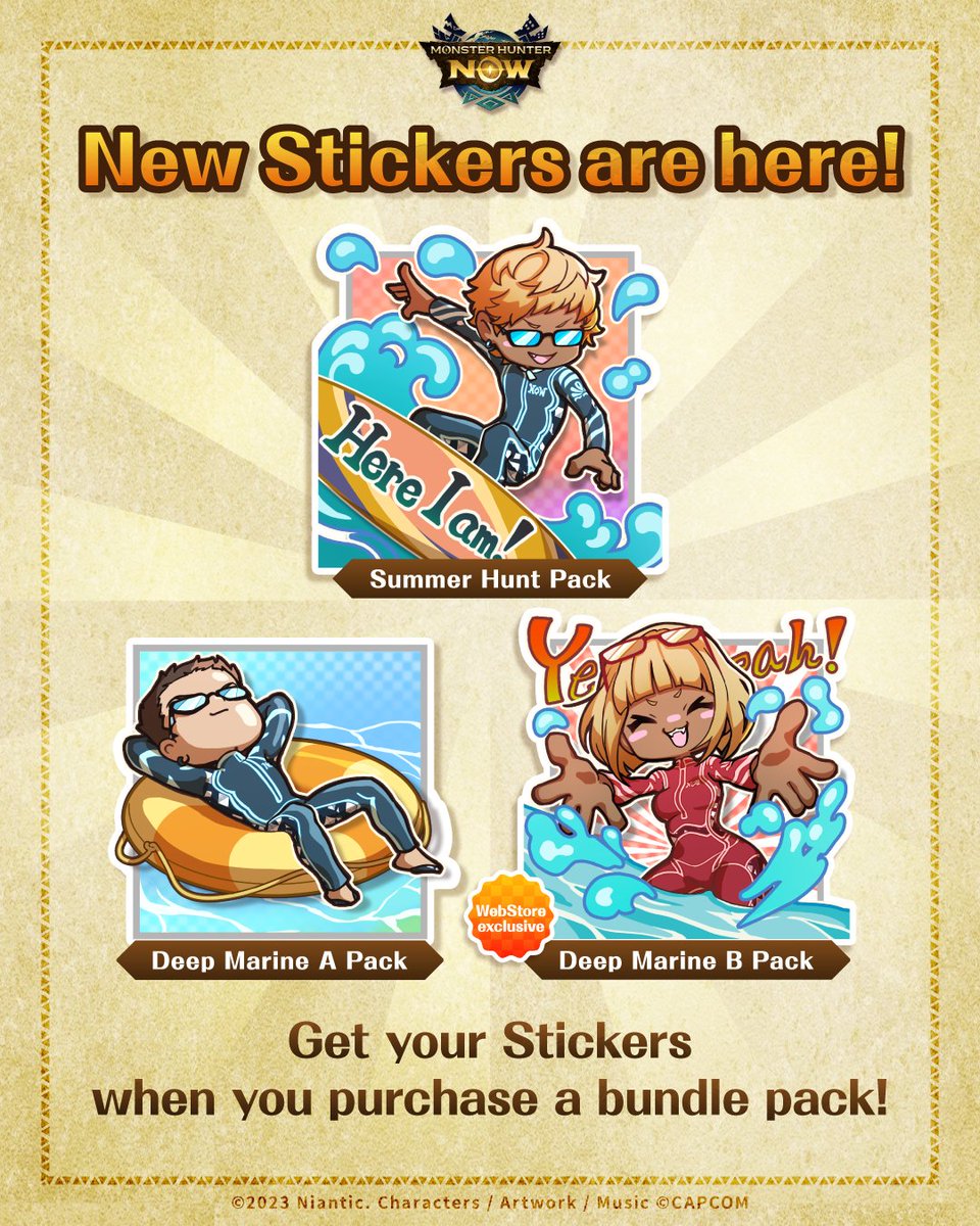 MH_Now_EN's tweet image. New Stickers are here! 🎉

Get summer Stickers when you purchase a limited-time bundle pack! 🌊🛟
*Sticker design varies by pack.

Don’t miss this chance to grab your seasonal Stickers! 🤝✨

#MHNow #monsterhunternow