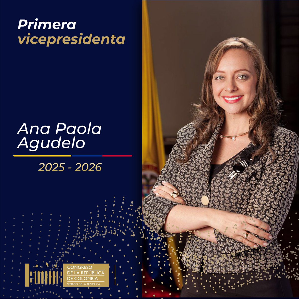 🏛️ | Con 50 votos fue elegida la senadora
Ana Paola Agudelo García (<a href="/AnaPaolaAgudelo/">AnaPaolaAgudelo</a>), perteneciente al Partido MIRA (<a href="/PartidoMIRA/">Partido MIRA</a>), como primera vicepresidente del Senado para el periodo legislativo 2025-2026.
