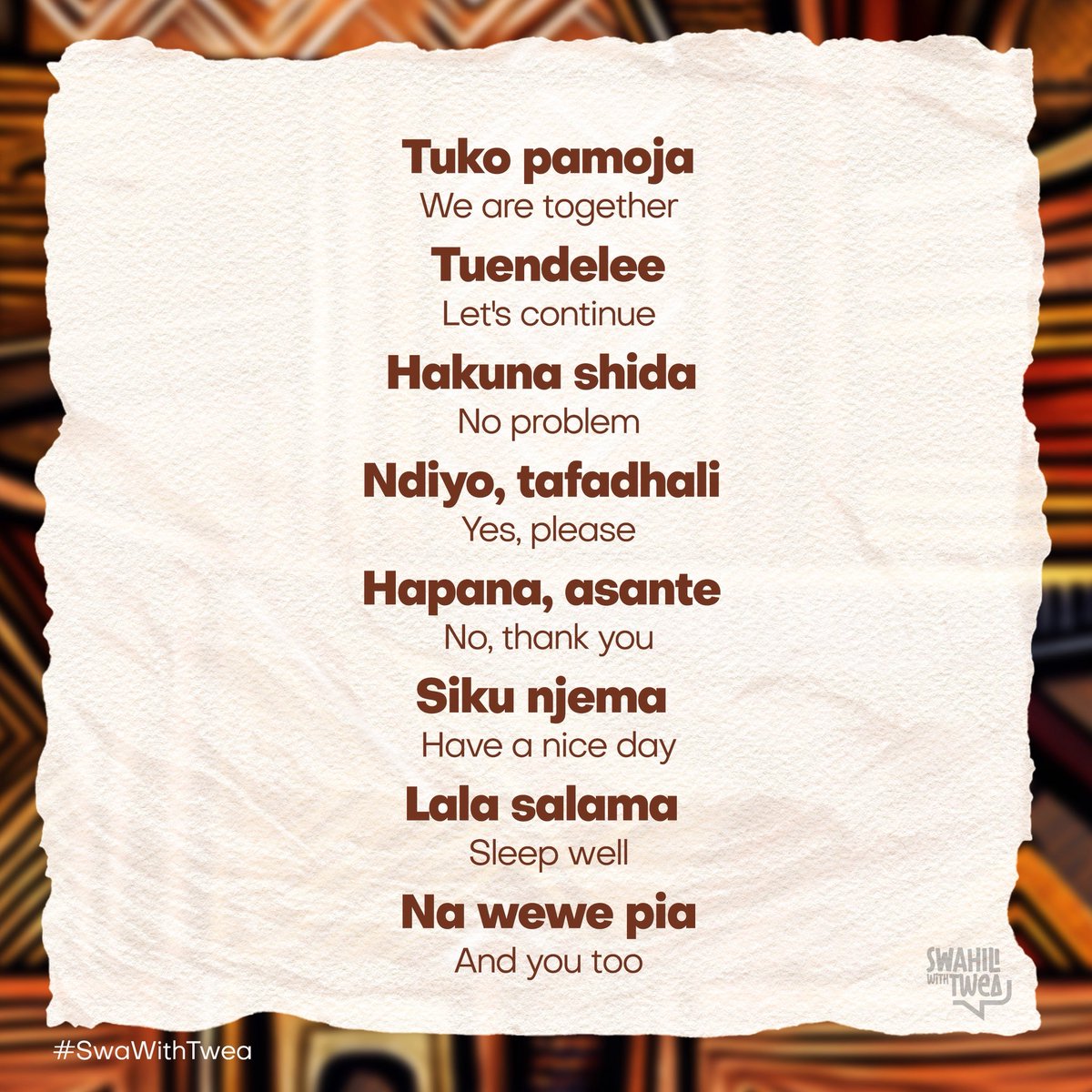 KiswahiliNaTwea's tweet image. Hamjambo
Expand your #Swahili diction
#SwaWithTwea