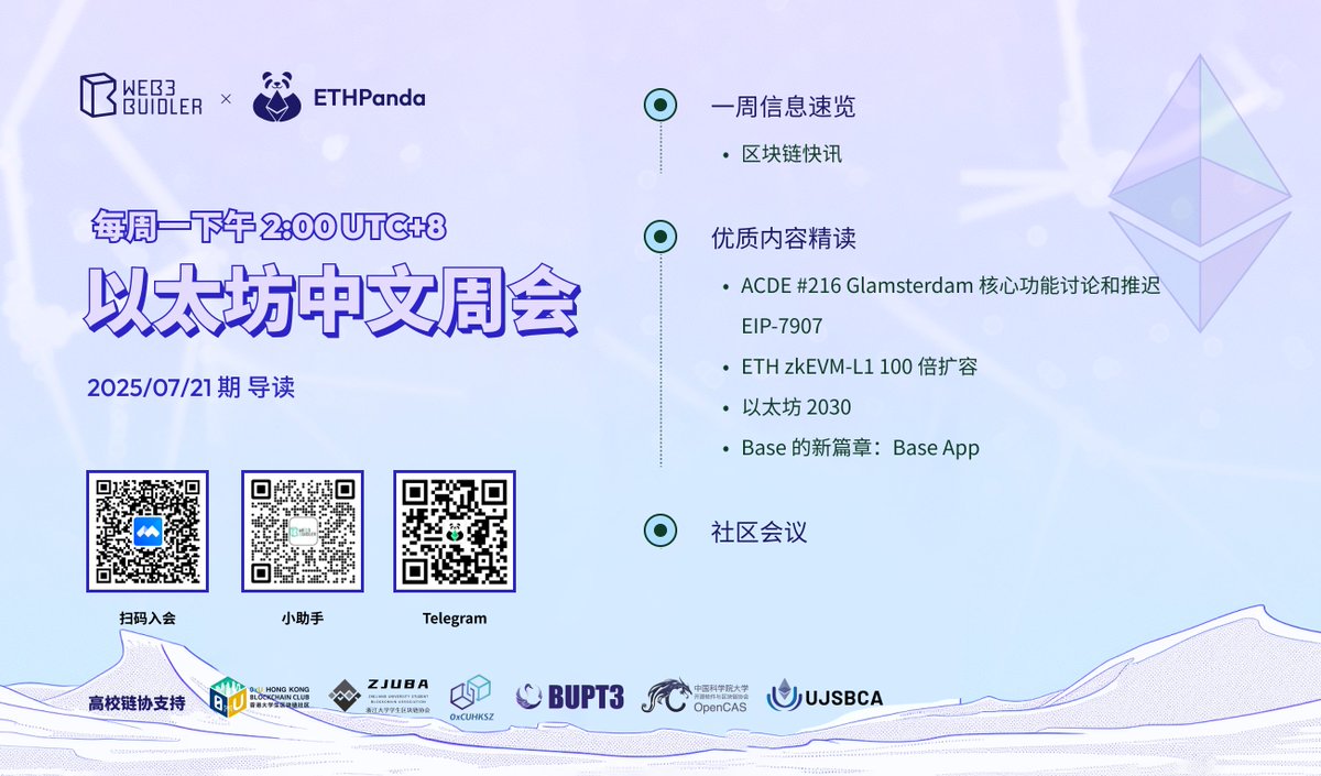 每周一下午 2 点，Web3Buidler.Tech 联合 ETHPanda 带来以太坊中文周会！ 

本周的会议主要内容包括：区块链快讯、ACDE #216 Glamsterdam 核心功能讨论和推迟 EIP-7907、ETH zkEVM-L1 100 倍扩容、以太坊 2030、Base 的新篇章：Base App，等等。 

欢迎参加！
