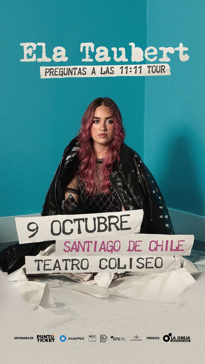 Ya tienen su entrada para "Preguntas a las 11:11 Tour" 🇨🇱??
Tenemos una cita🦋🩷💙 este 9 de Octubre, en Teatro Coliseo Santiago a las 20:00 Hrs✨ 

Entradas 🎟️ <a href="/puntoticket/">Punto Ticket</a> 
Produce @LaOrejaCl

puntoticket.com/ela-taubert-20…

 #preguntasalas11y11tour  #ElaTaubert  #piriposas #besties