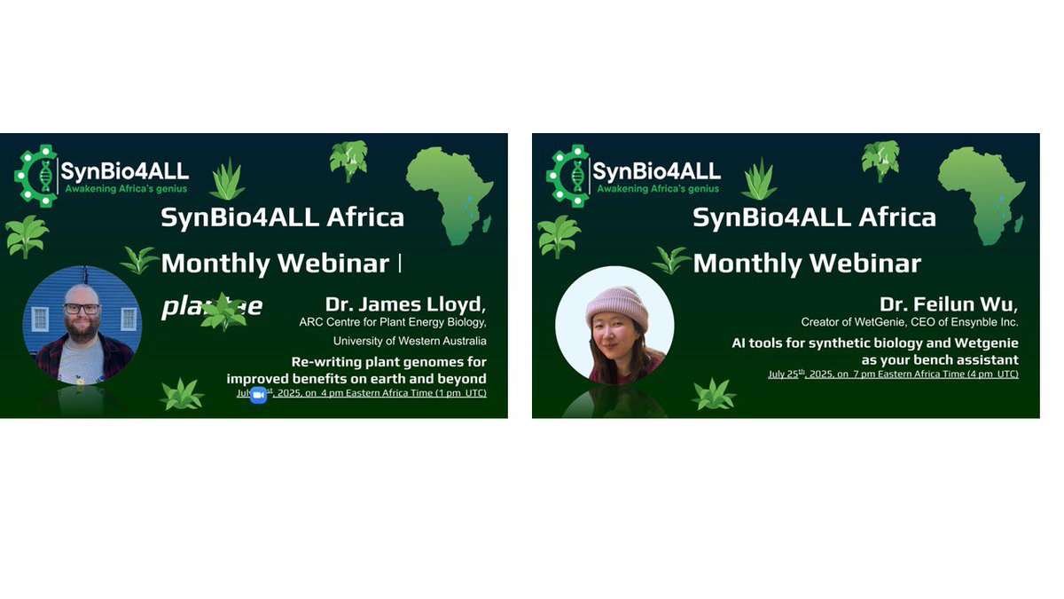 Synbio4allA's tweet image. Register: forms.gle/MJXyuxhVpV2sWo…
Reminder: Dr. James Lloyd joins us today at 4PM EAT to explore plant genome engineering for Earth and beyond.
And this Friday at 7PM EAT, Dr. Feilun Wu will demo how AI is reshaping lab work with WetGenie.
Register: forms.gle/gdWNoBts9u8Vpb…