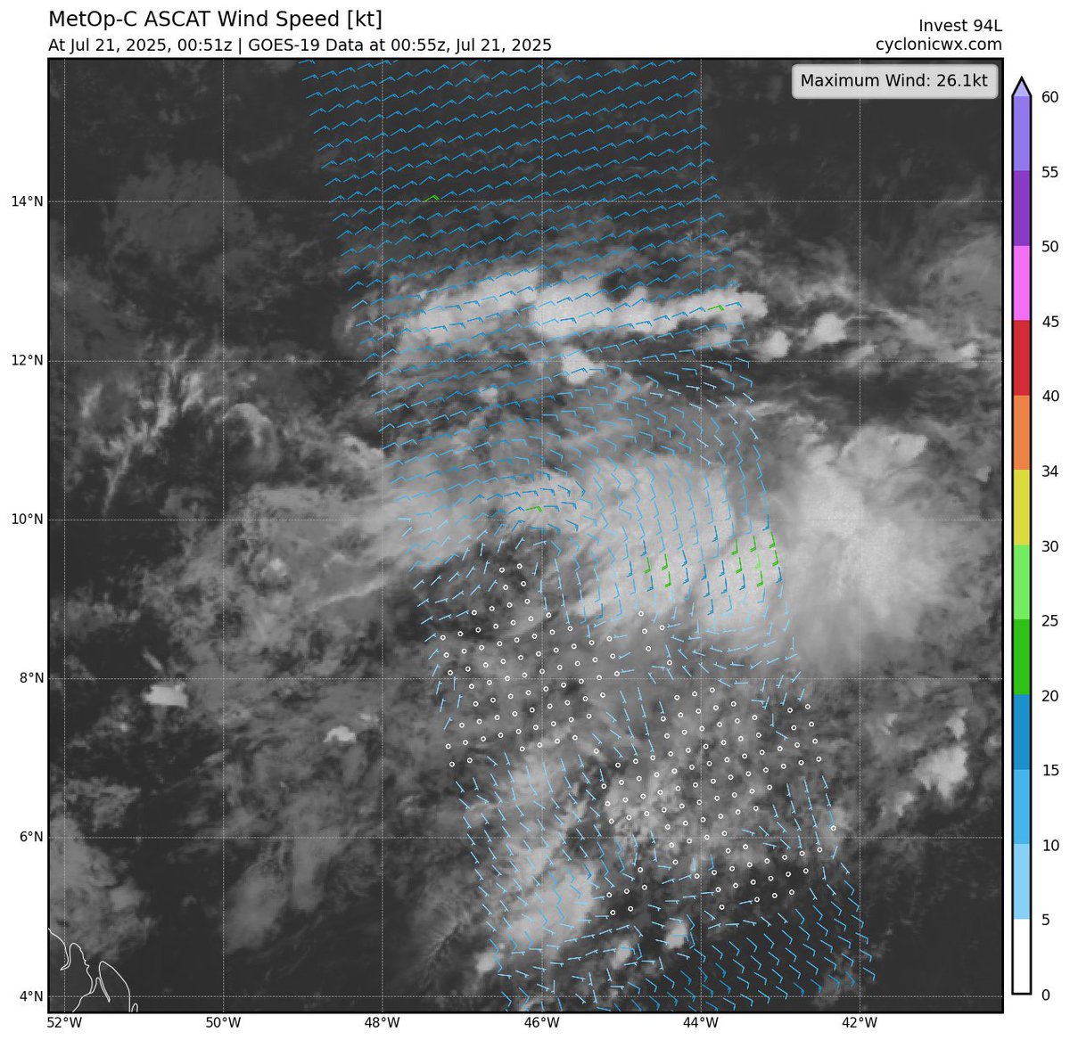 WeathermanAAA_'s tweet image. A rather amplified wave axis exists within #94L currently, as denoted from a recent ASCAT pass over the region.
You can also visually see the ITCZ “rolling up” and attempting to amplify vorticity along the tip of the wave axis.
Once the wave detaches and moves north, dry air…