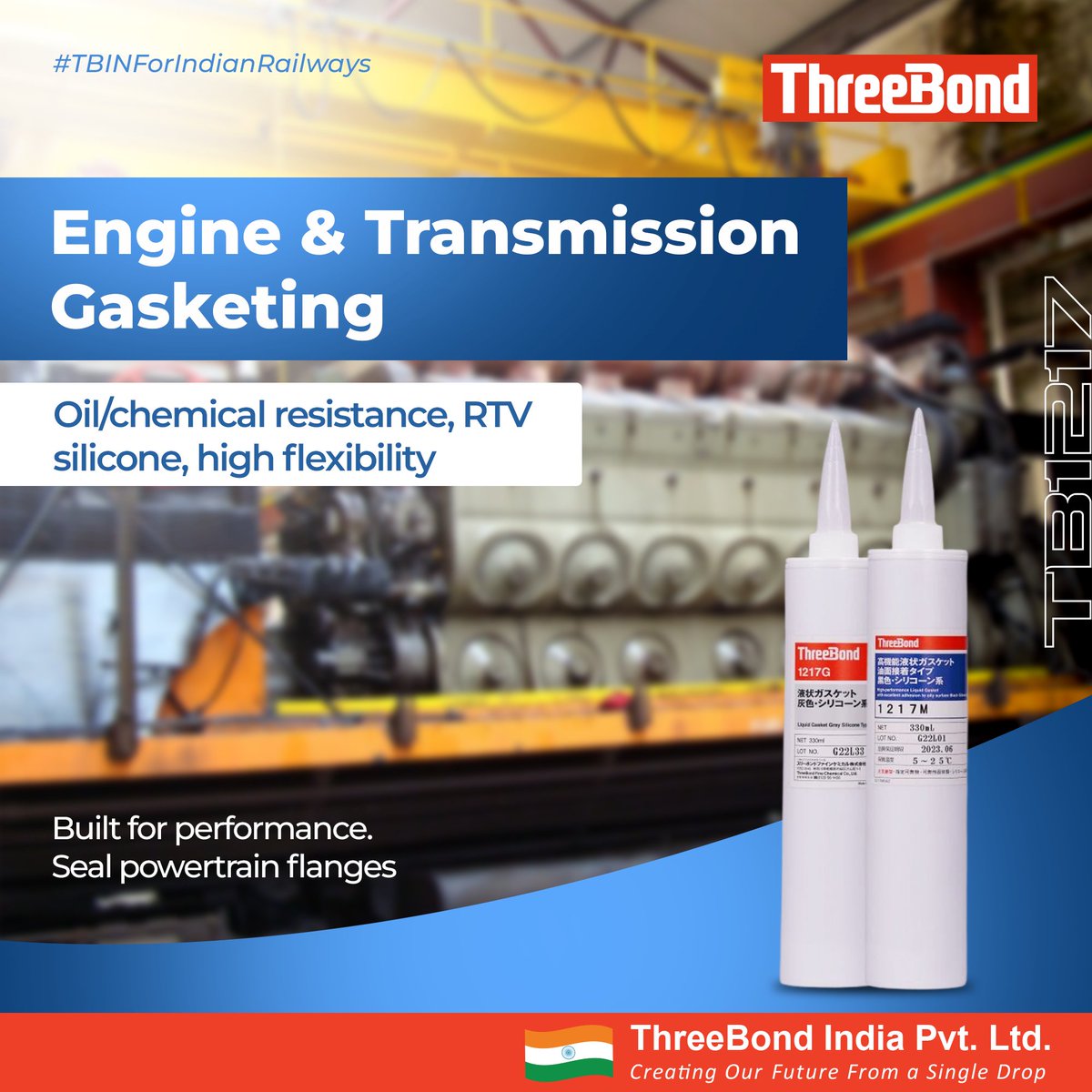 ThreeBondIndia's tweet image. #ThreeBond #TB1217 series ensures reliable engine &amp;amp; transmission gasketing in railway applications—offering RTV silicone, high flexibility, and resistance to oil and chemicals. 💪

✅ Long-lasting seal
✅ Ideal for powertrain flanges
✅ Built for industrial performance

#Gasket