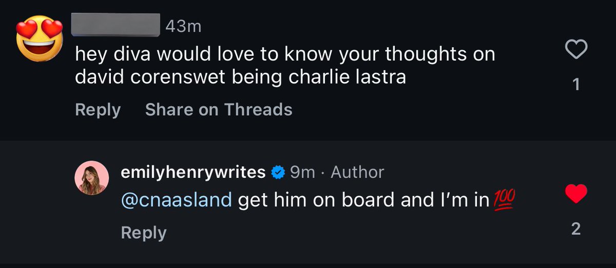 stylesgala's tweet photo. THERE’S NO WAY EMILY HENRY REPLIED TO MY COMMENT ABOUT DAVID CORENSWET AS CHARLIE LASTRA https://t.co/w22rybxOdX