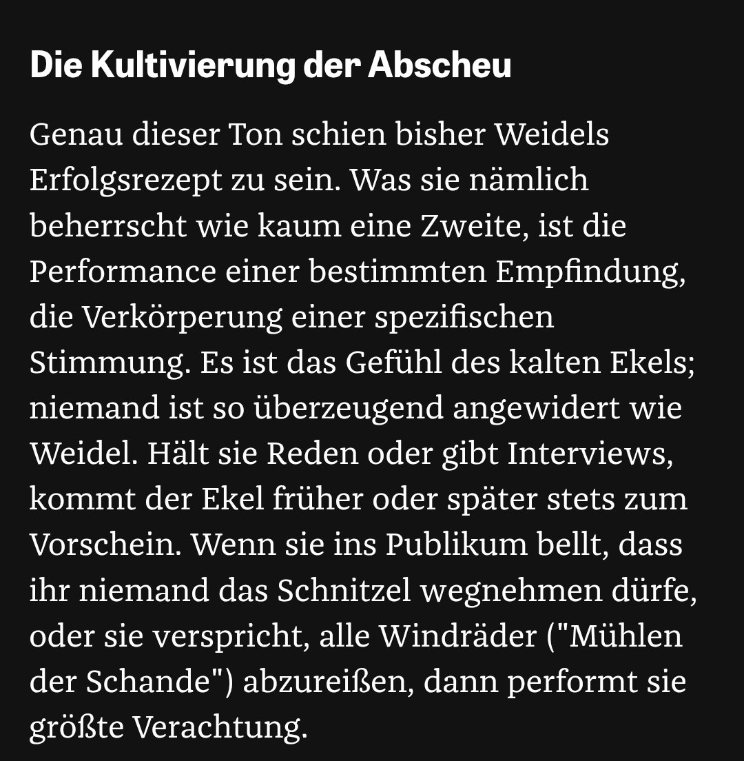 Weidel kann wegen hasserfüllten "Scheiß AfD"-Gesängen in der ARD kaum sprechen, aber die ZEIT beschreibt das Interview unter dem Titel "Alice und der Ekel" ausgerechnet so: "Niemand ist so überzeugend angewidert wie Weidel". Weidels großes Problem sei die "Kultivierung der