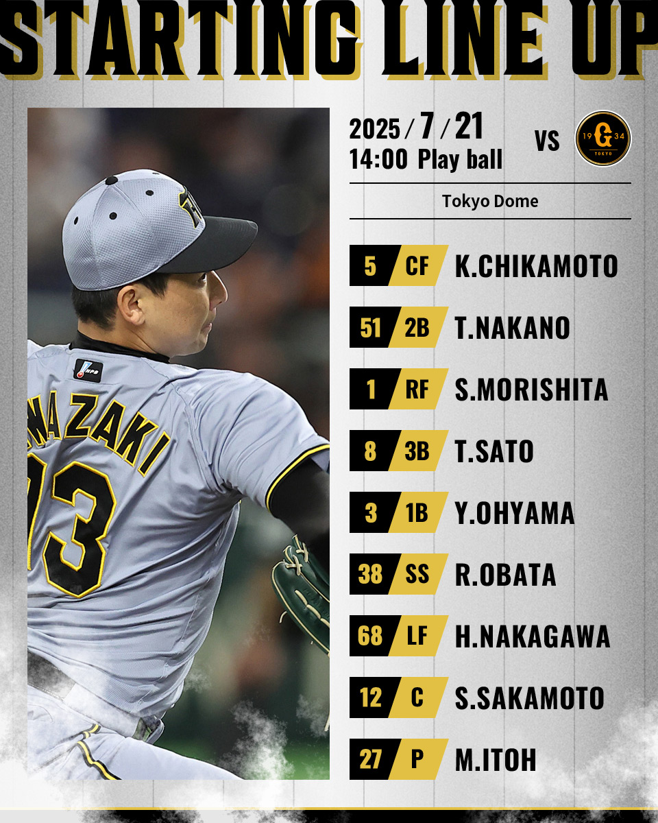TigersDreamlink's tweet image. 【7月21日 G-T 公式戦】
本日のスタメン発表!
関西弁応援実況は公式モバイルサイトで!
hanshintigers.jp/home/mobile/
#阪神タイガース
#鼓動を鳴らせ_虎道を進め