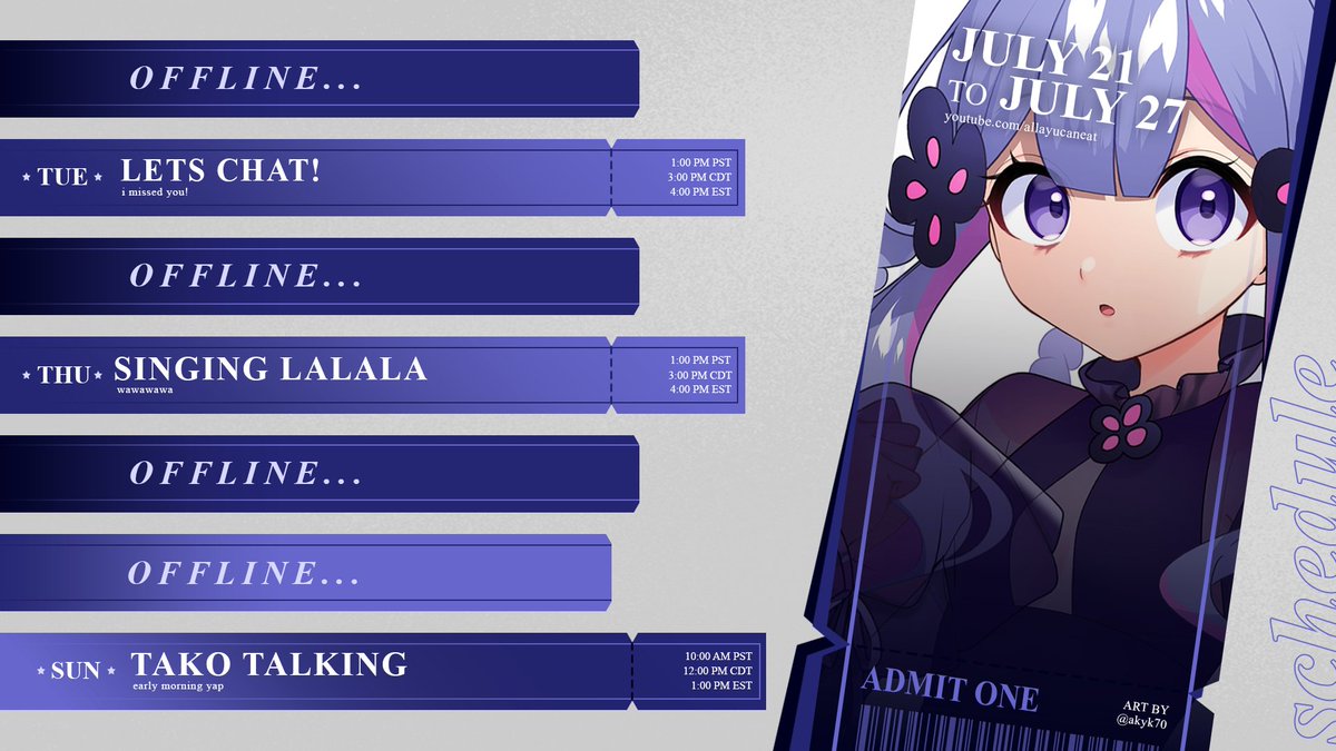 allayucaneat's tweet image. 【JULY 21 - JULY 27】✧・゚: *✧・゚*
HAVE A SCHEDULE!
very chill week, but add a guerilla asmr in there sometime this week :D
🎨#allayucandraw
📷#ayuwatching
🔞#ayussy