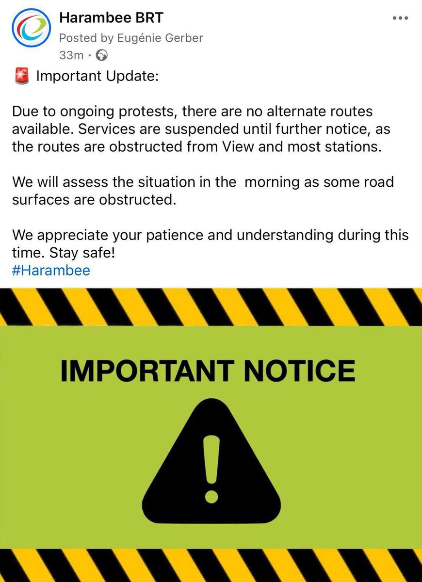 Urgent notice: Harambee BRT service has been temporarily suspended due to ongoing community protest in Thembisa.