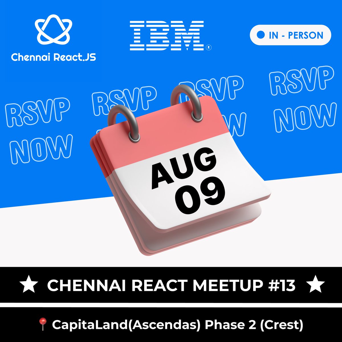 chennaireact's tweet image. Weโre back IRL, folks!
๐๏ธ Aug 9 (Sat) | ๐ 2 โ 5:30PM
๐ CapitaLand Phase 2 (Crest) โ Basement Hall, Chennai
๐ Swags. Surprises. React fam. Letโs vibe & have cool network.Big ups to @IBM for venue..
๐ Register now: lu.ma/srifcjng
See ya there! ๐๐