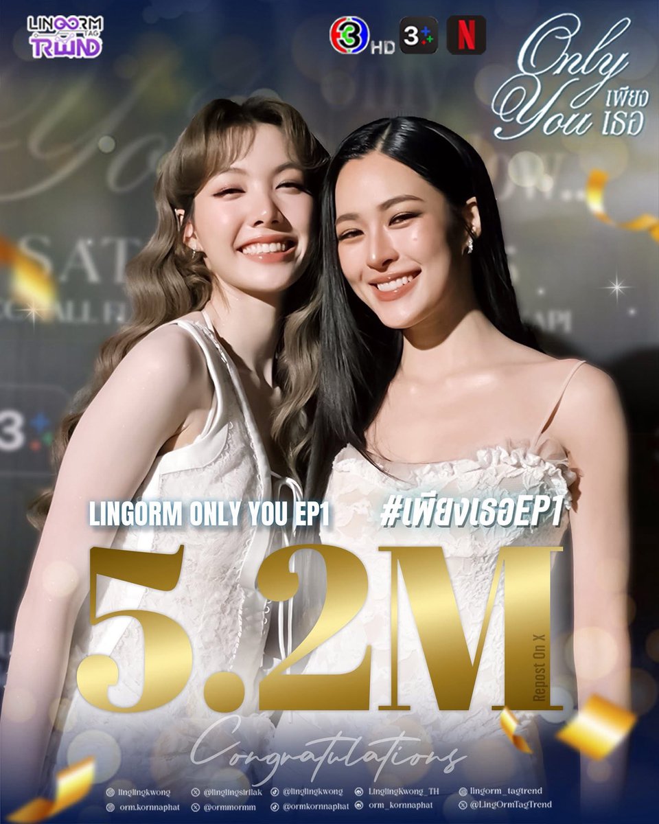 KdramaFang20100's tweet image. First episode 80+ ads
Online viewers on 3plus peaked at around 130k+
Netflix No. 1
Trend X ended at 5.2 million
Debut rating hit 2
GL series premiered for the first time on Channel 3, just you made me walk a lot, Channel 3 knows now, right?
LINGORM ONLY YOU EP1
#เพียงเธอEP1