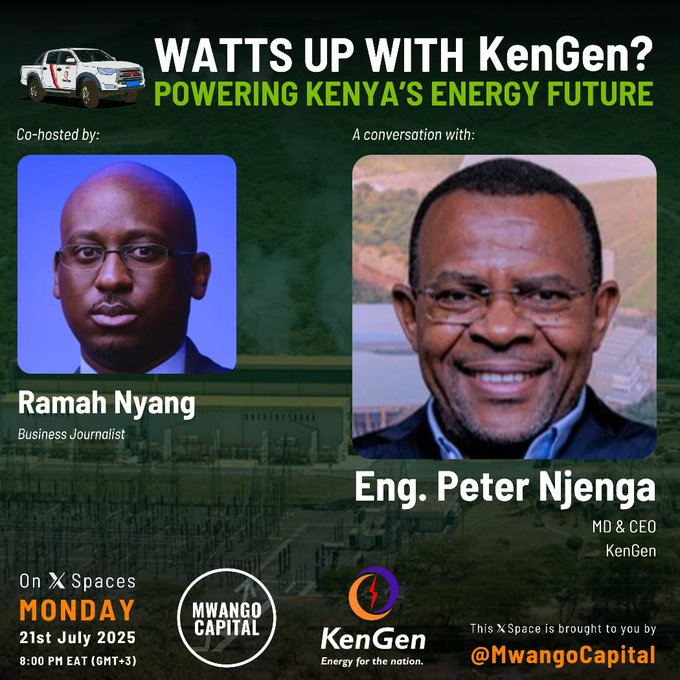 Mwango Capital (@mwangocapital) on Twitter photo Join us tonight at 8 PM EAT on #MwangoSpaces for a conversation with Eng. Peter Njenga (<a href="/KenGenMDandCEO/">Eng. Peter Njenga</a>), MD & CEO of KenGen, on the company’s growth plans and strategic outlook.
Hosted by: <a href="/Ramah_Nyang/">Ramah Nyang</a>.
Have a question for him? Drop it below. Join us tonight at 8 PM EAT on #MwangoSpaces for a conversation with Eng. Peter Njenga (<a href="/KenGenMDandCEO/">Eng. Peter Njenga</a>), MD & CEO of KenGen, on the company’s growth plans and strategic outlook.
Hosted by: <a href="/Ramah_Nyang/">Ramah Nyang</a>.
Have a question for him? Drop it below.