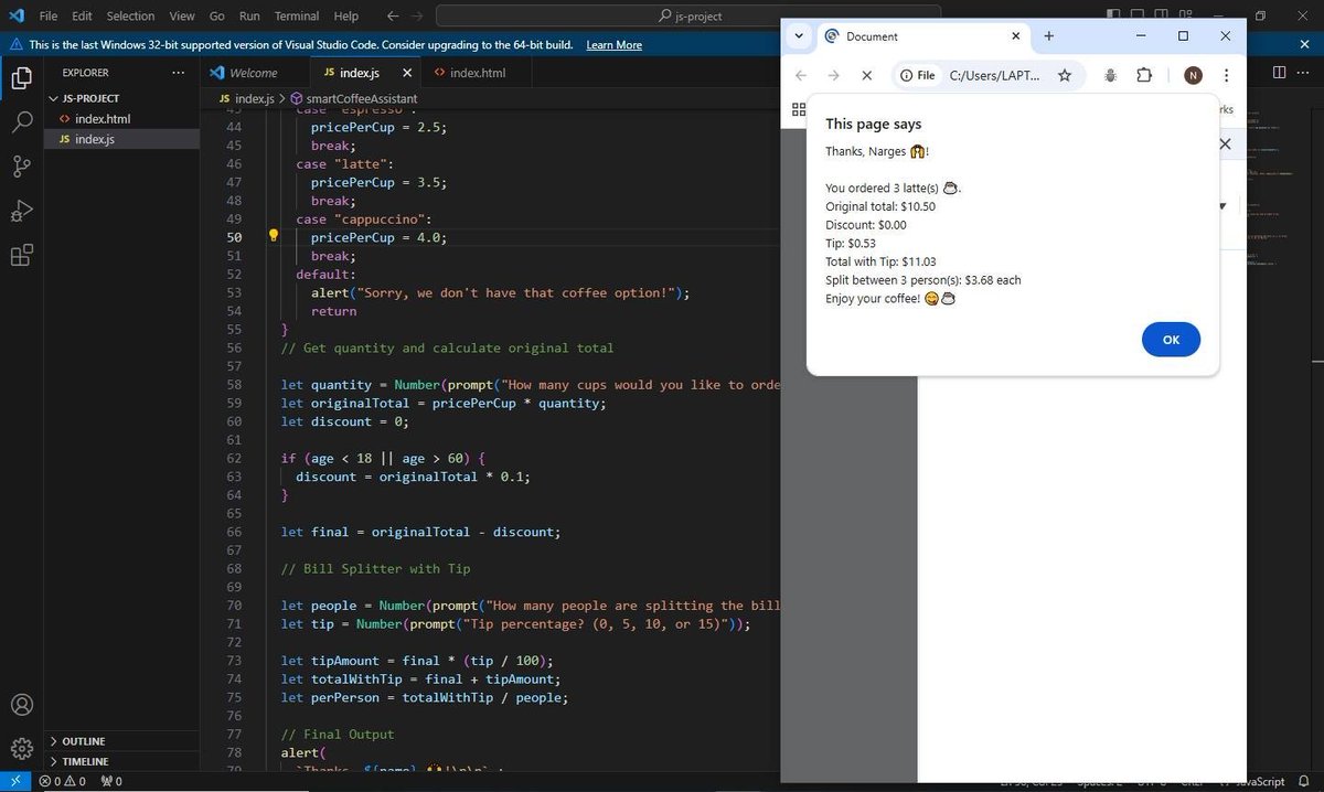 Just built a simple Smart Coffee Order Assistant ☕ using #JavaScript !
From user login to calculating discounts, tips, and splitting the bill all with #prompt and #alert
A fun way to practice logic and user interaction!
<a href="/E_Ehrari/">Ehsan Ehrari</a>
<a href="/f_forough/">Fereshteh Forough</a>
<a href="/CodeToInspire/">Code to Inspire</a>
#WebDev
 #100DaysOfCode