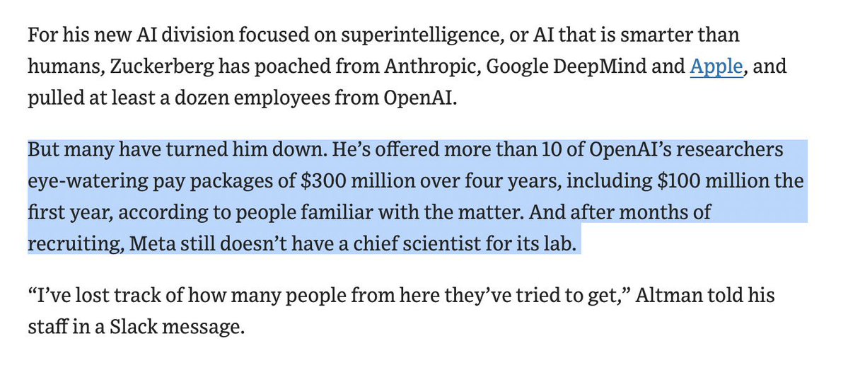 tvd33c's tweet image. Meta has reportedly offered more than 10 OpenAI researchers compensation packages totaling $300M over four years, including $100M in the first year.
The competition for top AI talent is wild.
It looks like Scam Altman is getting more of a taste of his own medicine.