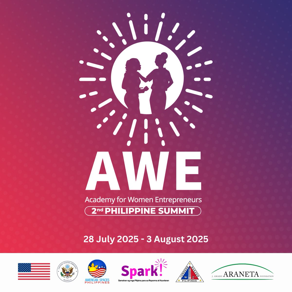 🚨 The 2nd #AWEPHSummit2025 is set for July 28–Aug 3! 💼

100 women entrepreneurs from 7 PH cities gather for a week of growth, learning &amp; the Summit Bazaar!

Supported by <a href="/USEmbassyPH/">U.S. Embassy in the Philippines</a>, American Spaces, <a href="/QCGov/">Quezon City Government</a>,  <a href="/jaa_foundation/">J. AMADO ARANETA FOUNDATION (JAAF)</a>, Spatio-Opus Mall &amp; <a href="/maginhawafc/">Maginhawa Food Community</a> 

#AWEPhilippines