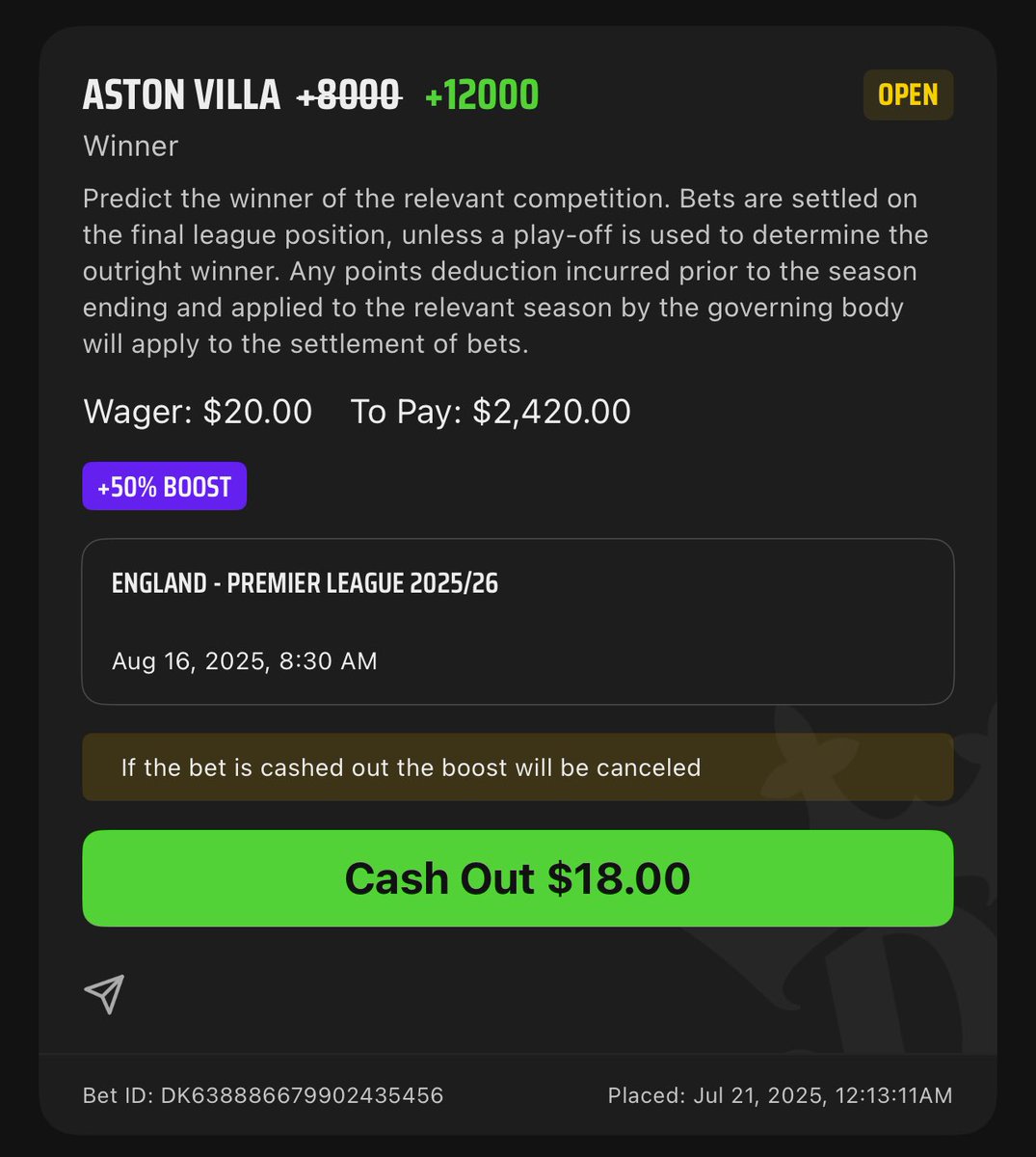 MrShithousery's tweet image. ⚽️ ‘25/26 EPL Futures ⚽️
Aston Villa (profit boost used—$20 max)
AVL (total profit): $1,915
Comment:
We were going to leave Villa alone for PSR reasons, but this is an exception. DK is offering a 50% boost for $20 max bet. And it just so happens AVL are +8000 on DK—by far…