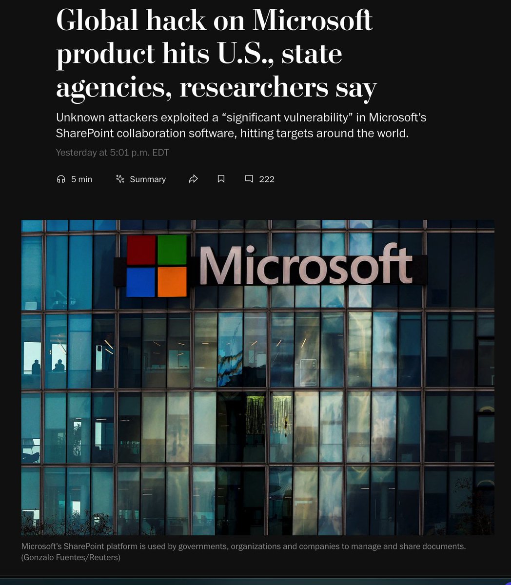 sonoclaudio's tweet image. Grave compromissione dei #server di #SharePoint. #Microsoft ha precisato che le vulnerabilità riguardano esclusivamente i server SharePoint utilizzati all'interno delle organizzazioni, mentre SharePoint Online in Microsoft 365, basato sul cloud, non è stato colpito dagli…