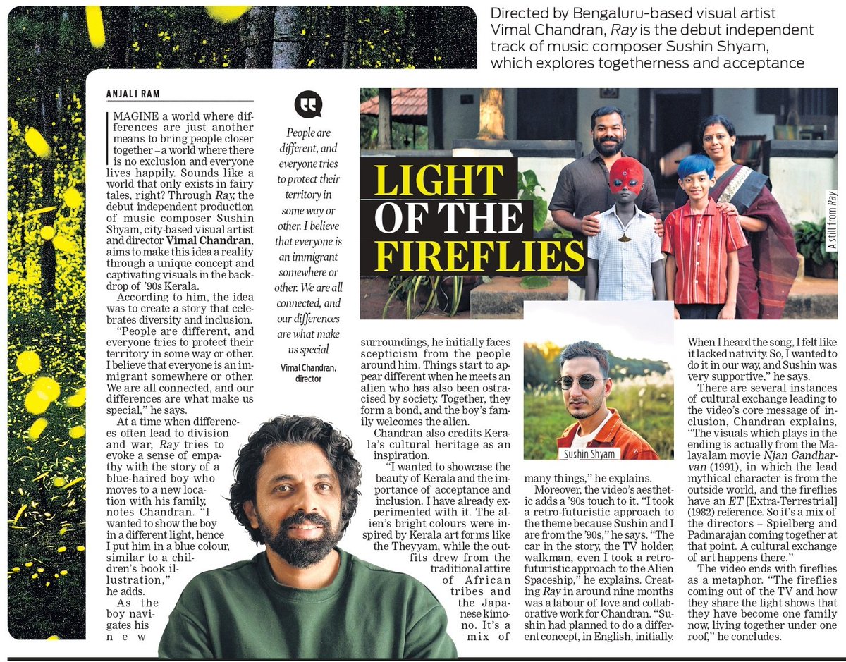 TNIE Karnataka (@xpressbengaluru) on Twitter photo Directed by Bengaluru-based visual artist Vimal Chandran, Ray is the debut independent track of music composer Sushin Shyam, which explores togetherness and acceptance
✍️ <a href="/anjaliiiram/">anjali ram</a> Directed by Bengaluru-based visual artist Vimal Chandran, Ray is the debut independent track of music composer Sushin Shyam, which explores togetherness and acceptance
✍️ <a href="/anjaliiiram/">anjali ram</a>