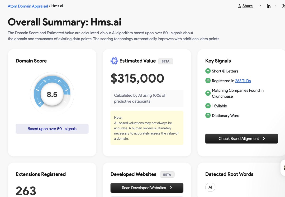Merlinsgoat's tweet image. Atom estimated HMS.ai at a $315,000 value. Accepting Offers 😃

Instant Domain Appraisal &amp;amp; Insights - Atom atom.com/domain-apprais… 

#PremiumDomain #DomainName #DomainMarket #DigitalRealEstate #DomainDeals #DotAI #AIDomains #NewTLD #NextWeb #FutureDomains