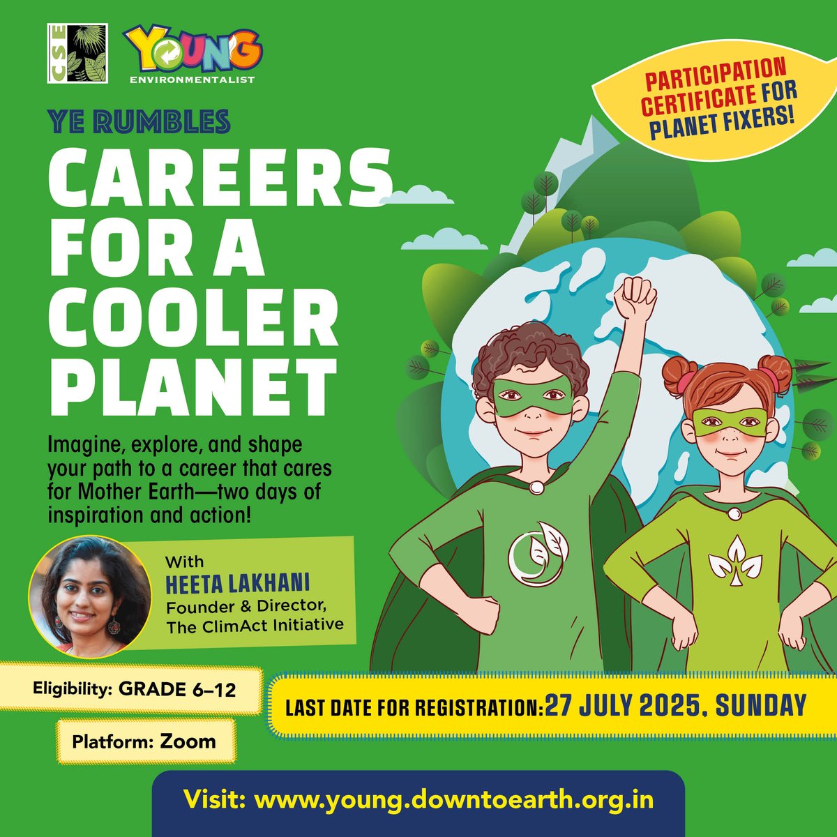 Careers for a Cooler Planet: Inviting young environmentalists to imagine, explore, and shape your path to a career that cares for Mother Earth—two days of inspiration and action!

Get an overview of green jobs, why they matter, and how you can grow into one with Heeta Lakhani.