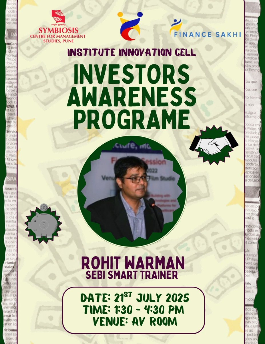 The Institute Innovation Cell of SCMS, Pune is hosting an Investors Awareness on 21st July. 
Financial Expert and SEBI Smart Trainer, Mr. Rohit Warman, will share his valuable insights into the world of investments.

#SCMSPune #InvestorAwareness #financesession #SEBI