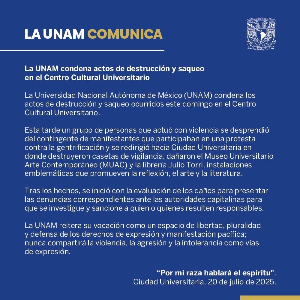 Lamentamos profundamente los daños sufridos el día de hoy en el Museo Universitario Arte Contemporáneo (MUAC) y la librería Julio Torri del Centro Cultural Universitario. Compartimos el comunicado emitido por nuestra Máxima Casa de Estudios.