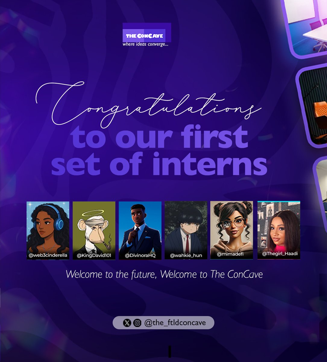 the_ftldconcave's tweet image. The Concave welcomes on board its newest set of interns. 🎉
@WEB3CINDERELLA @ KingDavid101 @DivinoraHQ @wahkie_kun @mimadefi @Thegirl_Haadi
Here's to all the beautiful projects that will be accomplished with our growing, vibrant family! 🥂💜
