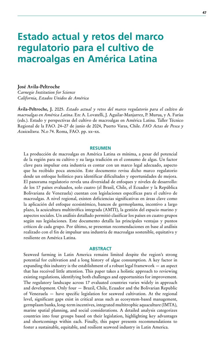 JoseAvilap89's tweet image. ¿Cómo está la legislación para el cultivo de macroalgas en América Latina? Respondemos esta interrogante en el informe comisionado presentado en el último taller de macroalgas organizado por la Fao en Puerto Varas, Chile en Junio 2024. 

researchgate.net/publication/39…