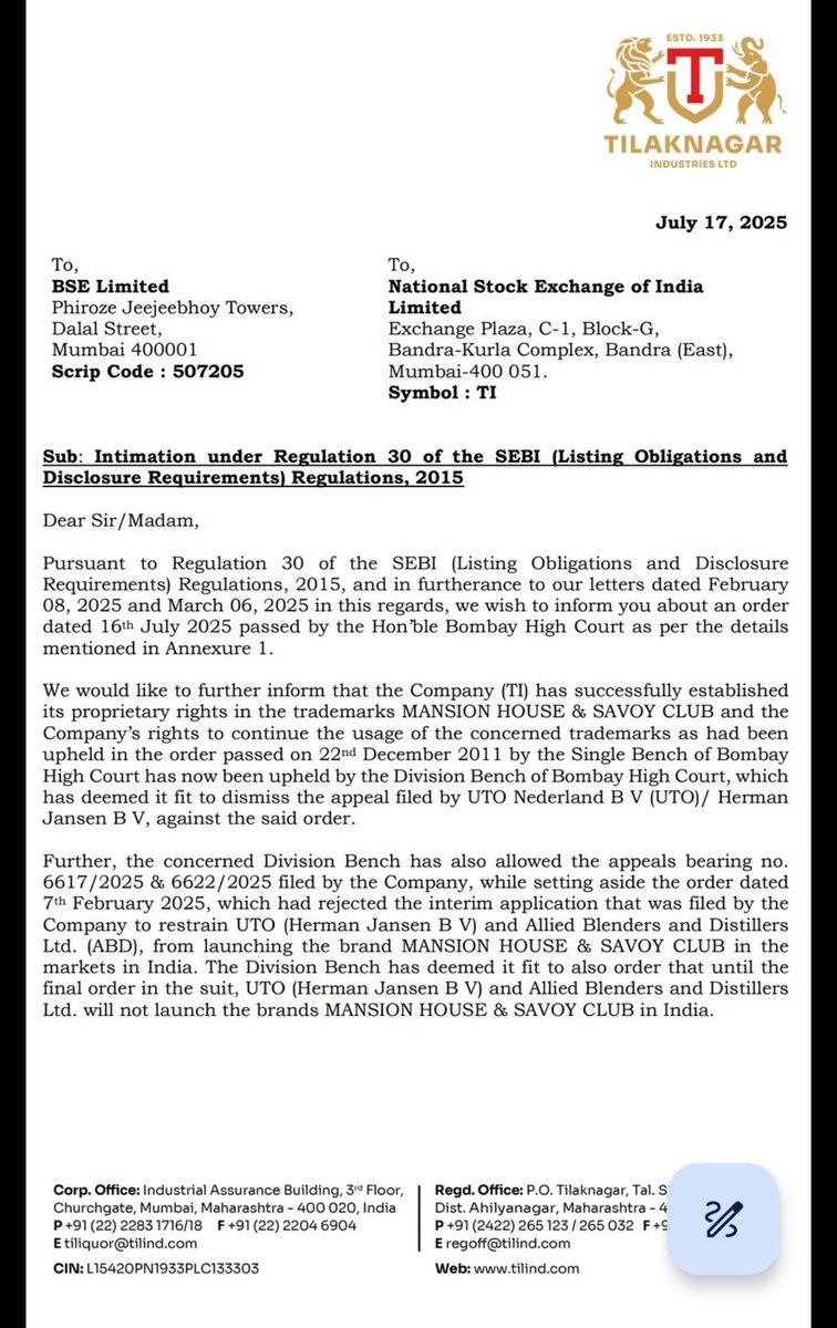 abhishek_shus's tweet image. Tilaknagarinds Bombay HC rules in favour of TI for exclusive rights to use MansionHouse &amp;amp; SavoyClub trademark
@AmitabhJha3 dada....wild fire