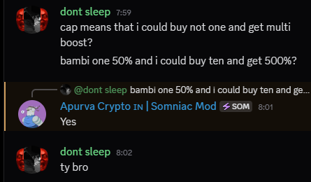 0xinsomnia0x's tweet photo. Boost your farming rewards in Somnia! 🚀

Every @Somnia_Network farmer knows: boosters = more rewards.

Get +20% boost almost for free 👉 Apekin NFT Booster

Want more? Grab Bambi Boosters (+50% each) – stack up to 10 for a massive 500% boost!
 Buy here
⚡ Don’t miss out – maximize your yield today!
