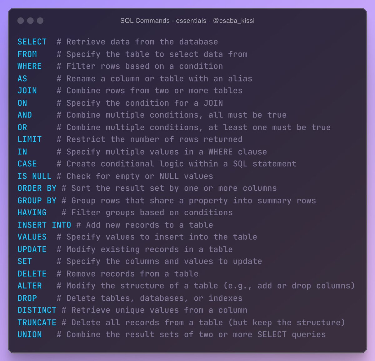 BharukaShraddha's tweet image. SQL is not hard if you have this cheat-sheet:

Don&apos;t forget to follow me for more such helpful resources.