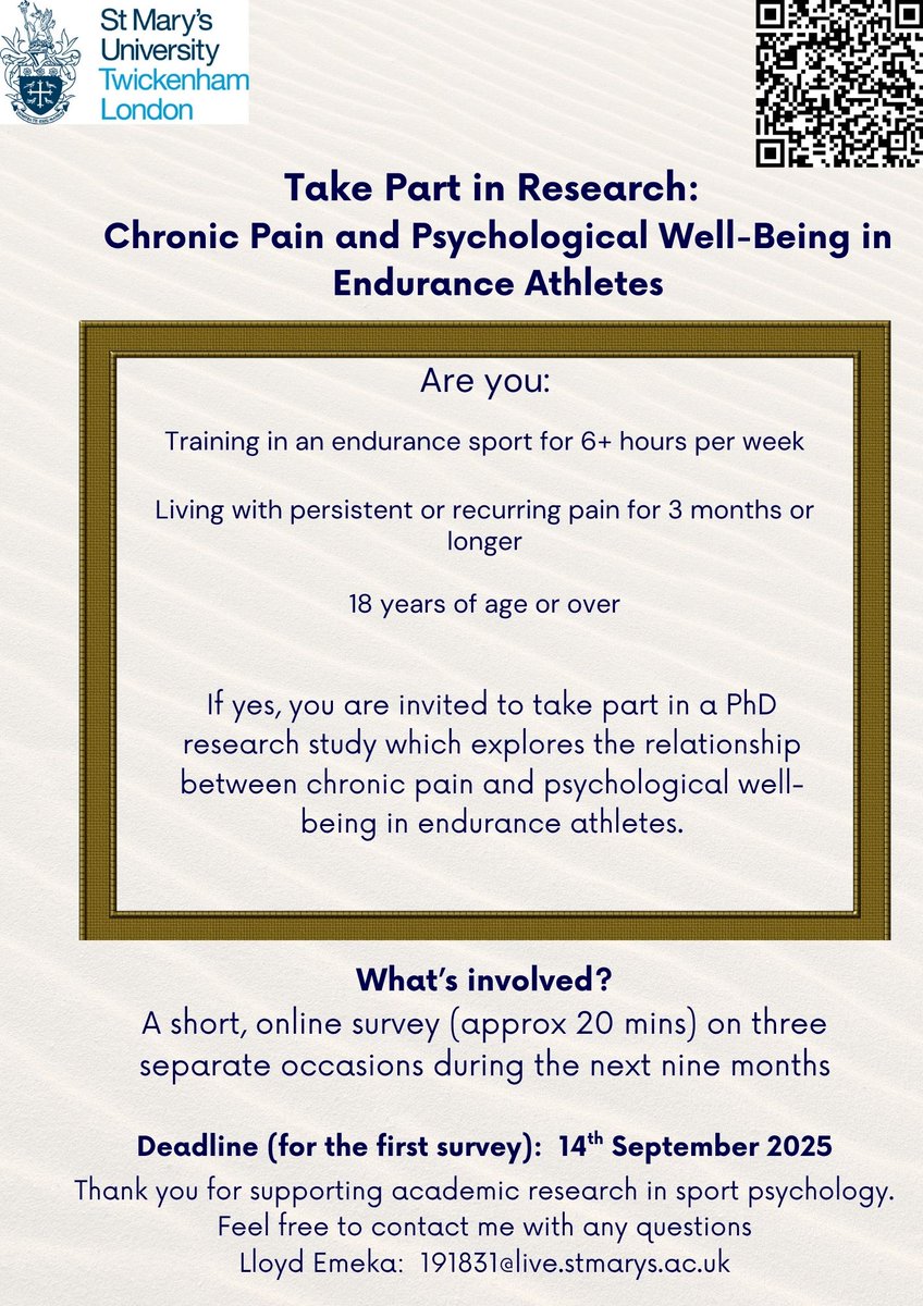 There is still time to participate in my PhD study.

If you are an endurance athlete undertaking 6+ hours of training per week, living with persistent or recurrent pain for 3 months or longer, and 18 years+, please consider participating in the study. 

app.onlinesurveys.jisc.ac.uk/s/stmarys/the-…