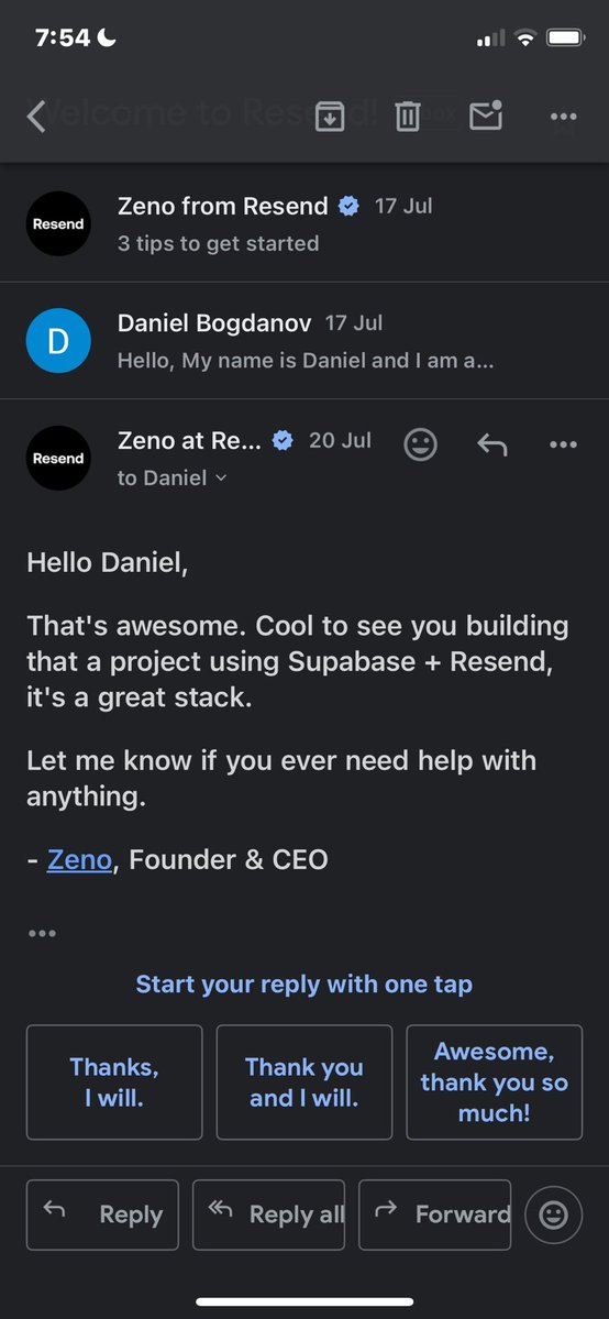 DanielBogdanov0's tweet image. I was curious to see if the Resend CEO actually replies to all his emails. Turns out he does.