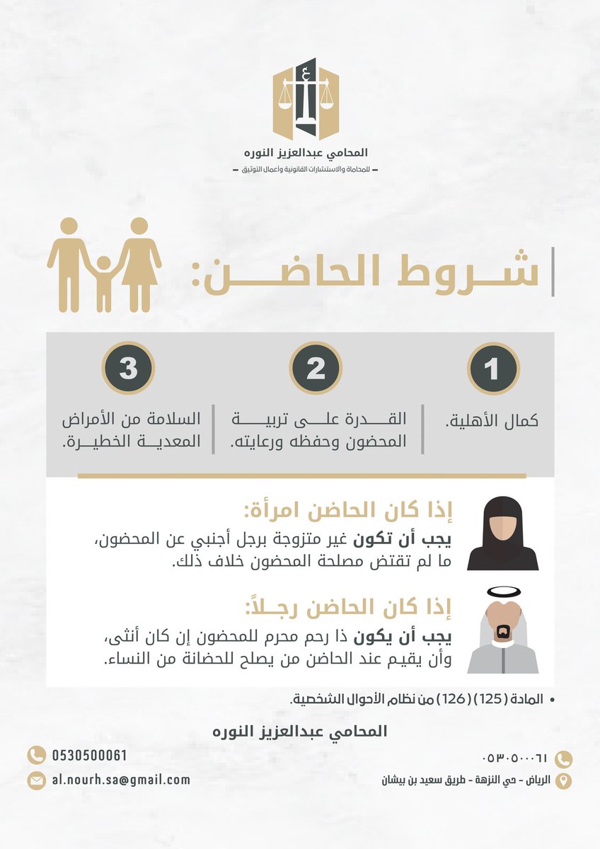 تعرف على شروط الحاضن في نظام الأحوال الشخصية السعودي⚖️🇸🇦

من أهم المسائل التي يهتم بها نظام الأحوال الشخصية هي رعاية المحضون ومصلحته، لذلك حدد النظام شروط لابد أن تتوفر في الحاضن سواء كان رجل أو امرأة: