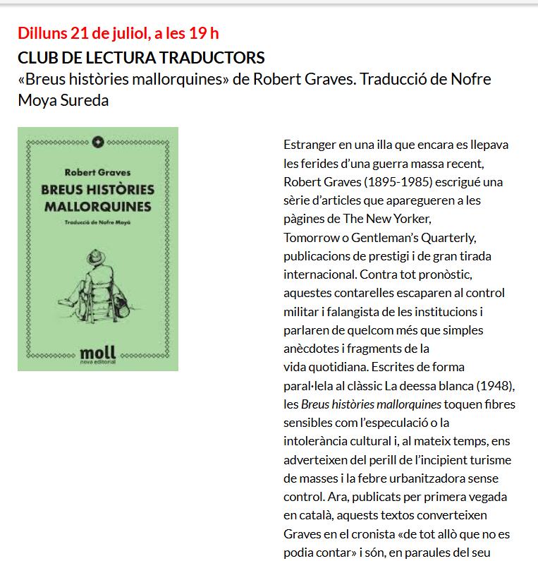 EdiMoll's tweet photo. Dilluns 21 de juliol, a les 19 h CLUB DE LECTURA TRADUCTORS  «Breus històries mallorquines» de Robert Graves. Traducció de Nofre Moya Sureda Llibreria Documenta, Barcelona
https://t.co/KcPmo6iKKy
https://t.co/PZ2eUJm7YP https://t.co/3dRMbSIu6W