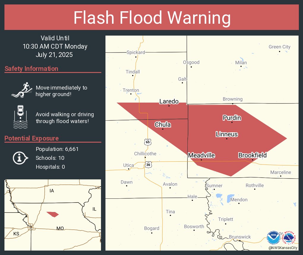 NWSKansasCity's tweet image. Flash Flood Warning including Brookfield MO, Meadville MO and Laclede MO until 10:30 AM CDT