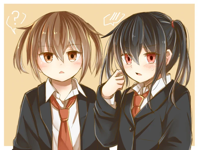 髪の長さセミロングって事は結べる…って事!? という経緯でツインテしてもらった若葉さん(初霜さんも一緒に)