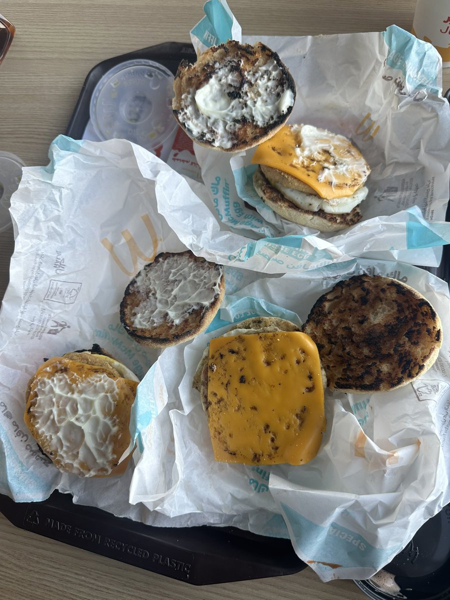 HamooTaleh's tweet photo. @McDonaldsKSA_WS I went to McDonald's breakfast at the Russeifa branch, Darb station, and they served me three McMuffins. The bread was burnt, and the employee refused to change the order. https://t.co/jWfdAxmODL