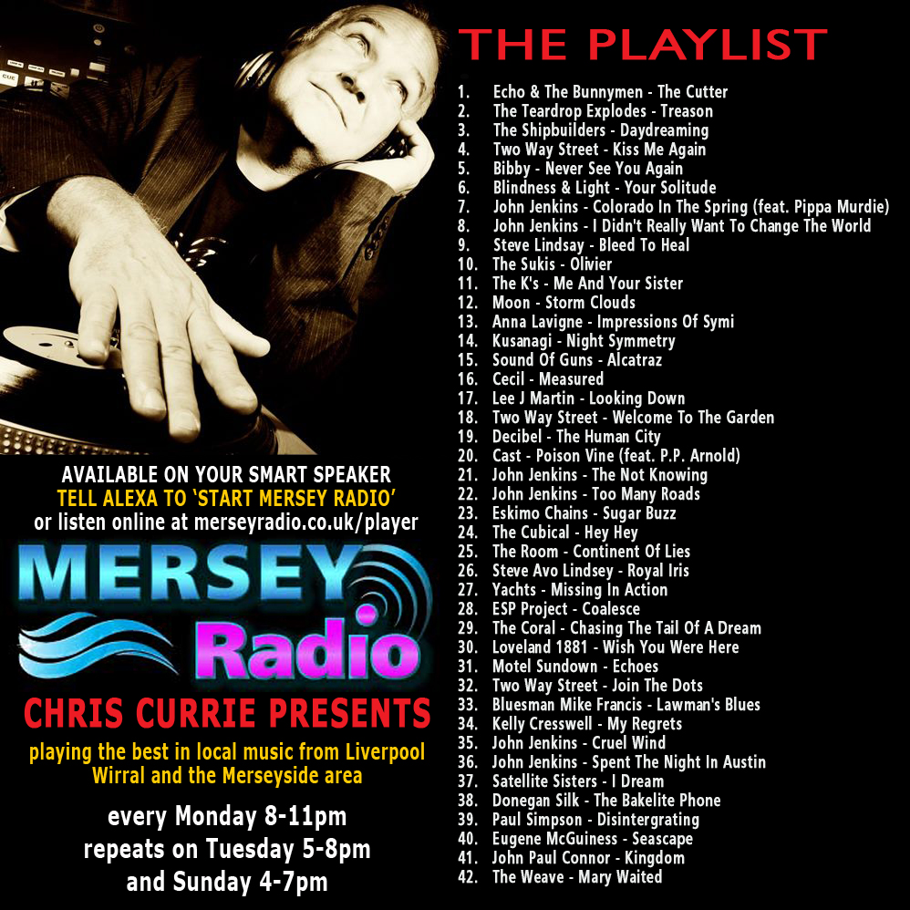 CurrieRadioShow's tweet image. Here&apos;s tonight&apos;s box of musical delights on @MerseyRadio 8-11pm with Feat. Artist: Two Way Street + Feat. Album: Restless Hearts by @JohnJenkins2020 
@Bunnymen @TheShipbuilders @Bibbymusic @BlindnessLight @thesukisband @TheKsUK @RadioActiveTeam @Moongooseband @lavigneanna1